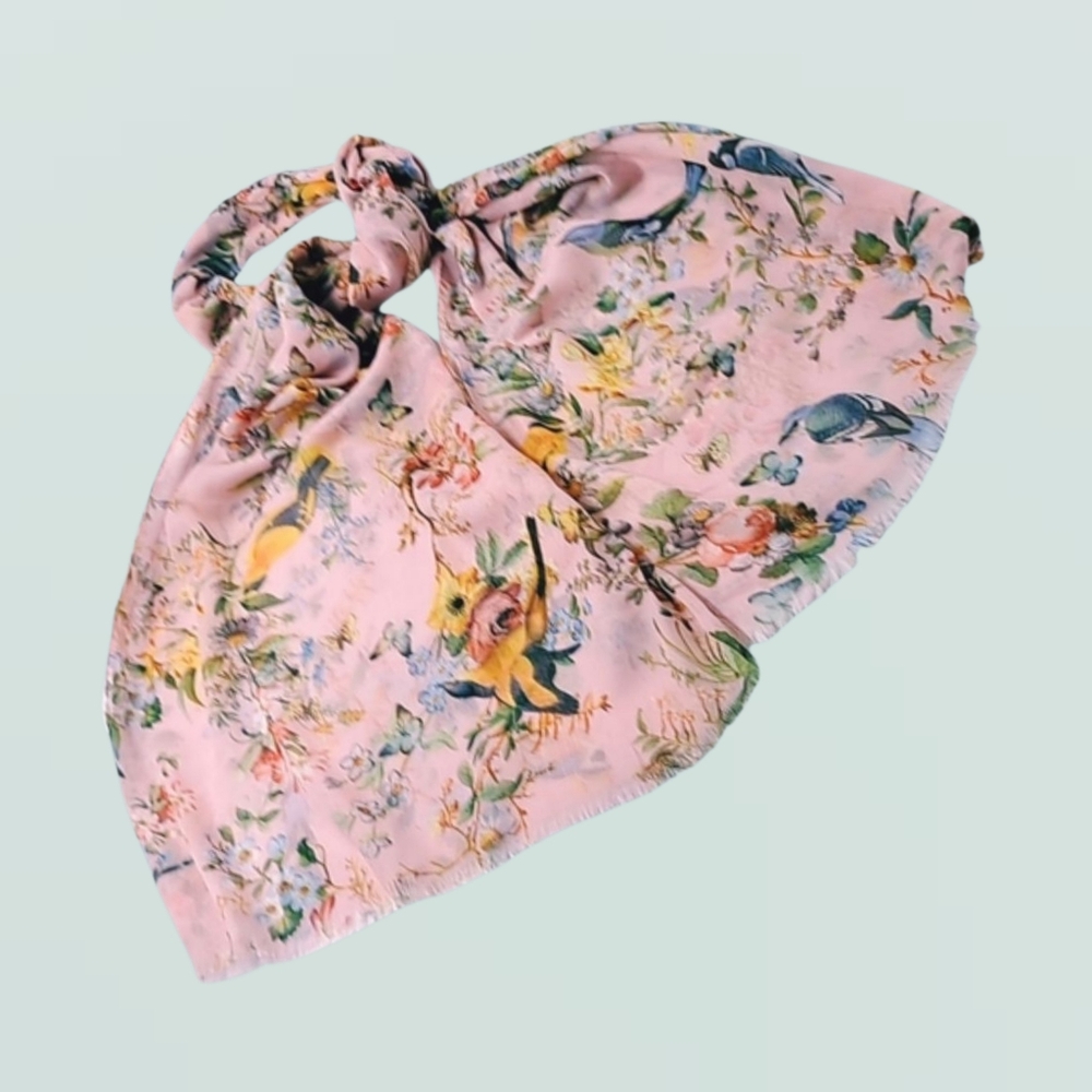 2 Chic ~ Pink Semi-transpatent Scarf with Colorful Birds and Flowers